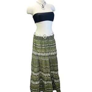 Mudd Maxi Skirt Green White Tiered Elastic Waist womens M Y2K Ikat‎ Print